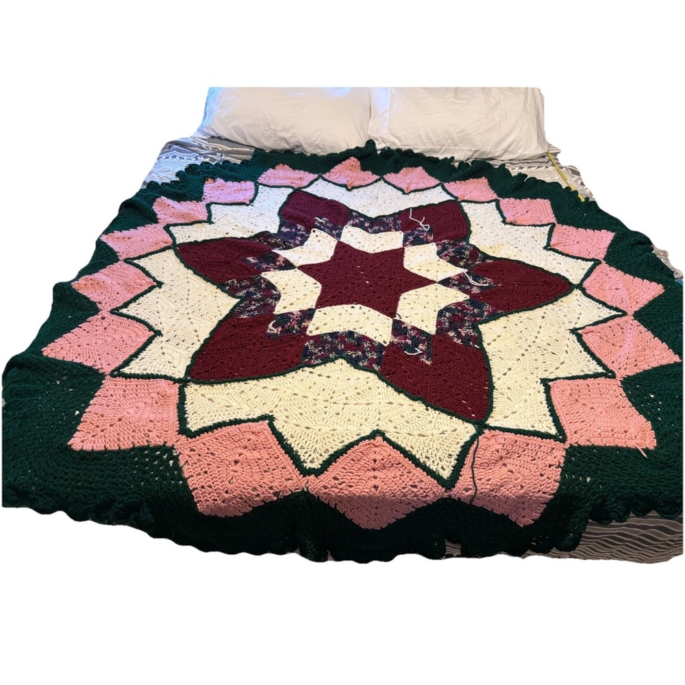 Vintage‎ Large Crochet Prairie Star Afghan Throw Multicolored 84"x84" Blanket